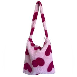 Faux Fur Fuzzy Heart Print Tote Bag Large